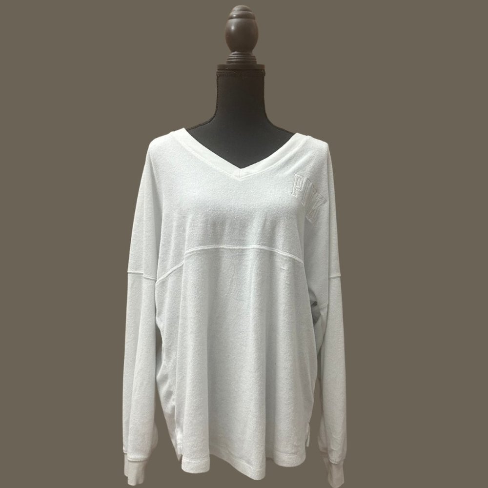 VS White Terry Varsity Long Sleeve Lounge Tee